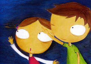 Imatge de Titàn i Valerosa saludant. Ilustració del conte Titán y sus aventuras con la neurofibromatosis.